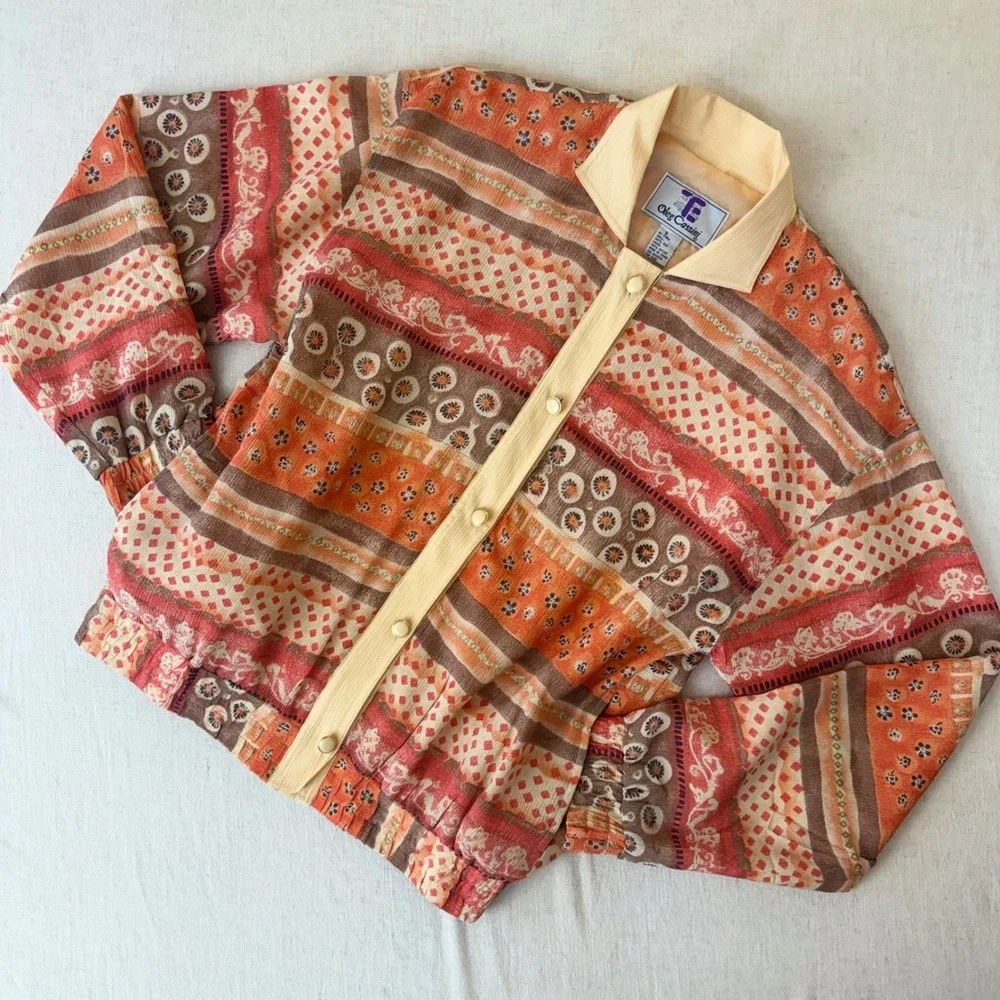 Oleg Cassini Vintage Silk Bomber Jacket Orange Geometric‎ Floral Print Small